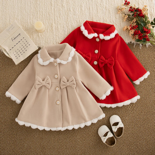 Baby Clothes Girl Winter Floral Pattern Bow Solid Color Long Sleeve Warm Padded Baby Dresses Cute Casual Baby Winter Clothes