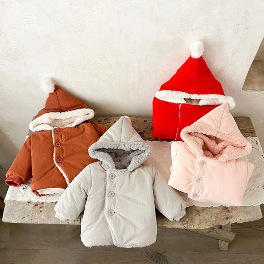 Winter Baby Girl Clothes Newborn Coat Solid Color Fleece Lined Warm Cute Pom - Pom Hooded Long Sleeve 6M-3Y Girl Outerwear