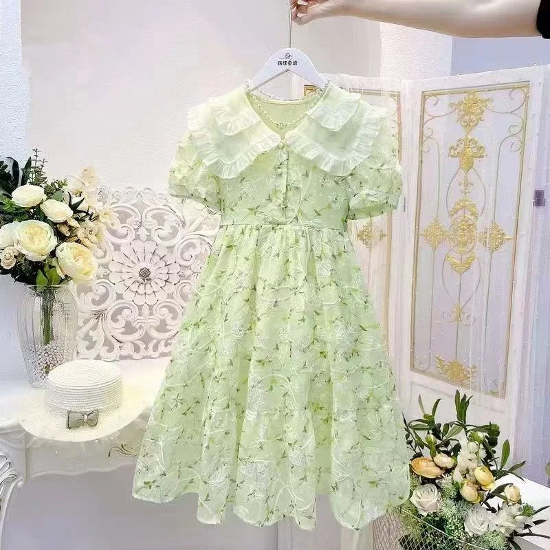 Girls Summer Dresses Children's Princess Gown Big Kids Short-sleeved Dress Teen Girls Peter Pan Collar Clothing