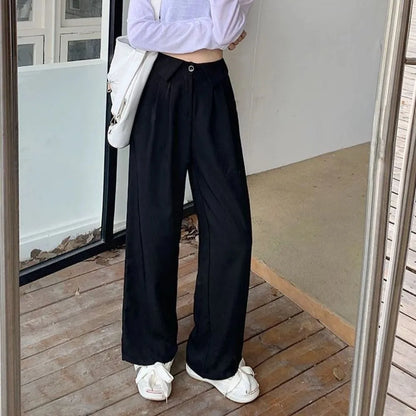 Simple Loose Straight Leg Pants Workout Trousers High Waist Casual Pants Women Drape Feeling Autumn Flip Up Suit Pants Female