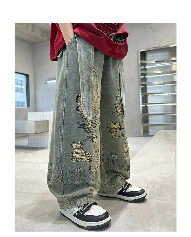 Korean Boy Luxury Hip Hop y2k Baggy Ripped Jeans Kids High Street Fashion Hiphop Rap Dance Denim Pants Child Performance Trouser