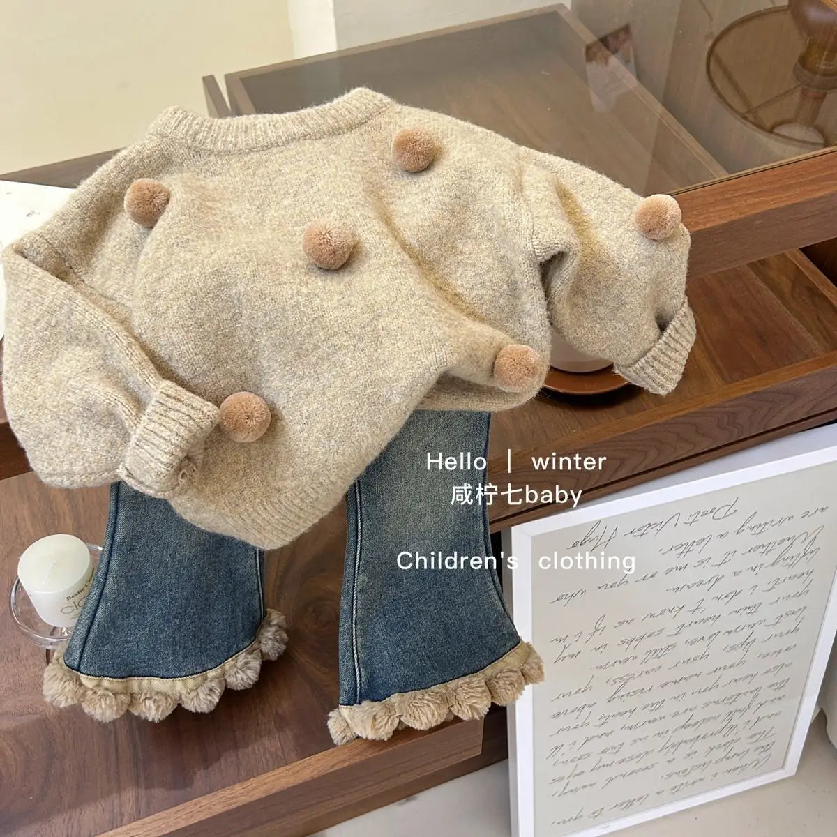 Autumn Tops's Girls Knitted Pullover Sweater Casual Simple Balloon Top Coat Winter Baby Clothing Fur Ball Design 1PCS (Available)