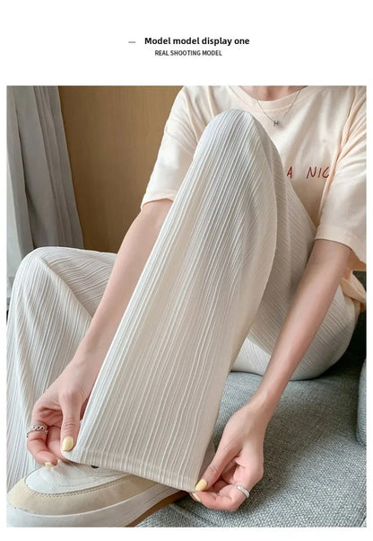 Korea Dongdaemun Ice Silk Wide-leg Pants Women's Thin Slimming Floor Pants White Striped Pants Y2K Fashion Pants Baggy