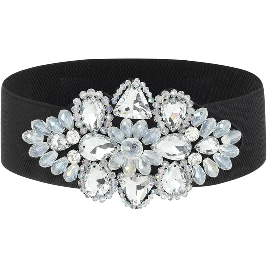 Rhinestone Elastic Belt Black Women's Stretch Belt Gold Girls Wide Crystal Flower Waist Jewelry Accessories for Dress