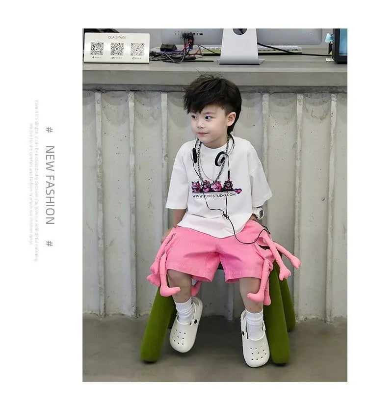 Korean Kids Clothes Boys' Summer Female Child Clothes Children's Printed Cotton Short Sleeved T-shirt Shorts 2piece Sports Set