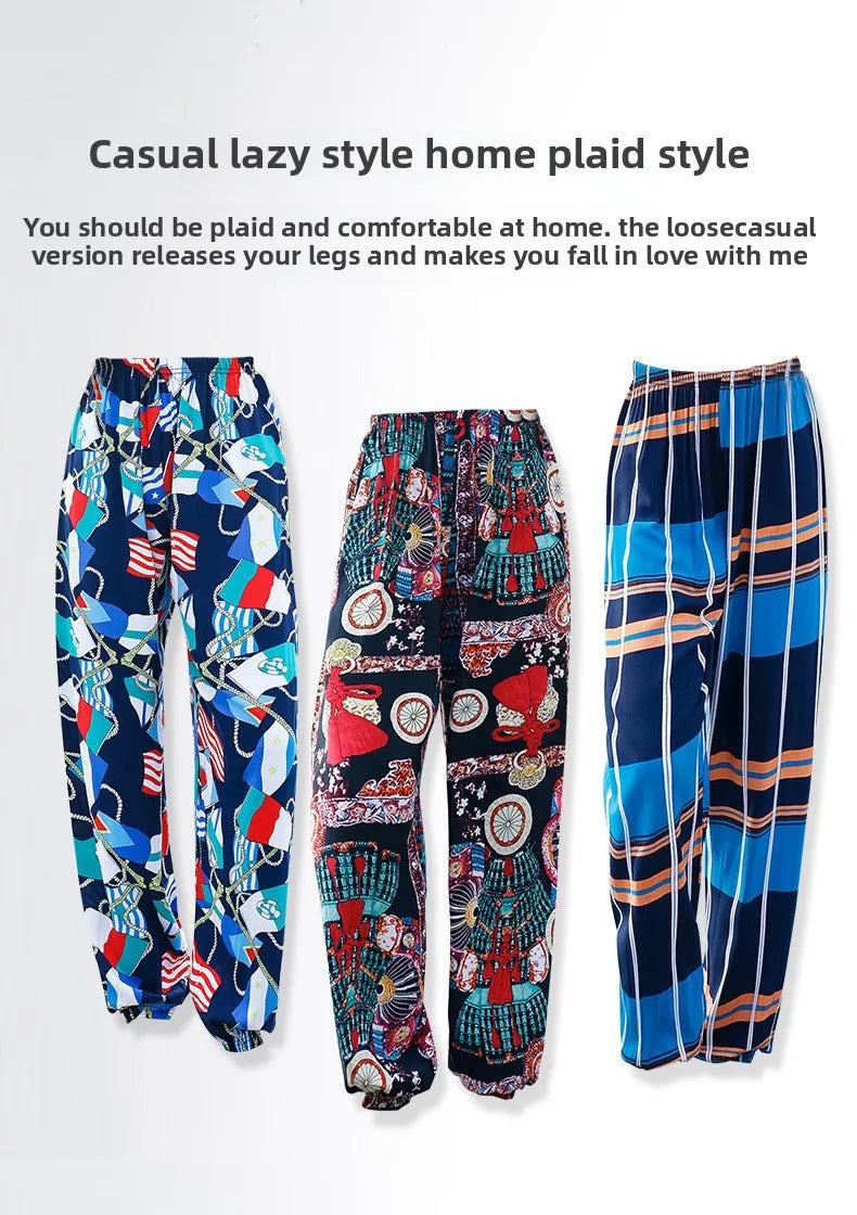 Women's Mosquito-proof Cotton Silk Beach Summer Casual Flower Pants Artificial Cotton Summer Sleeping Pants Thin Adult Bloomers