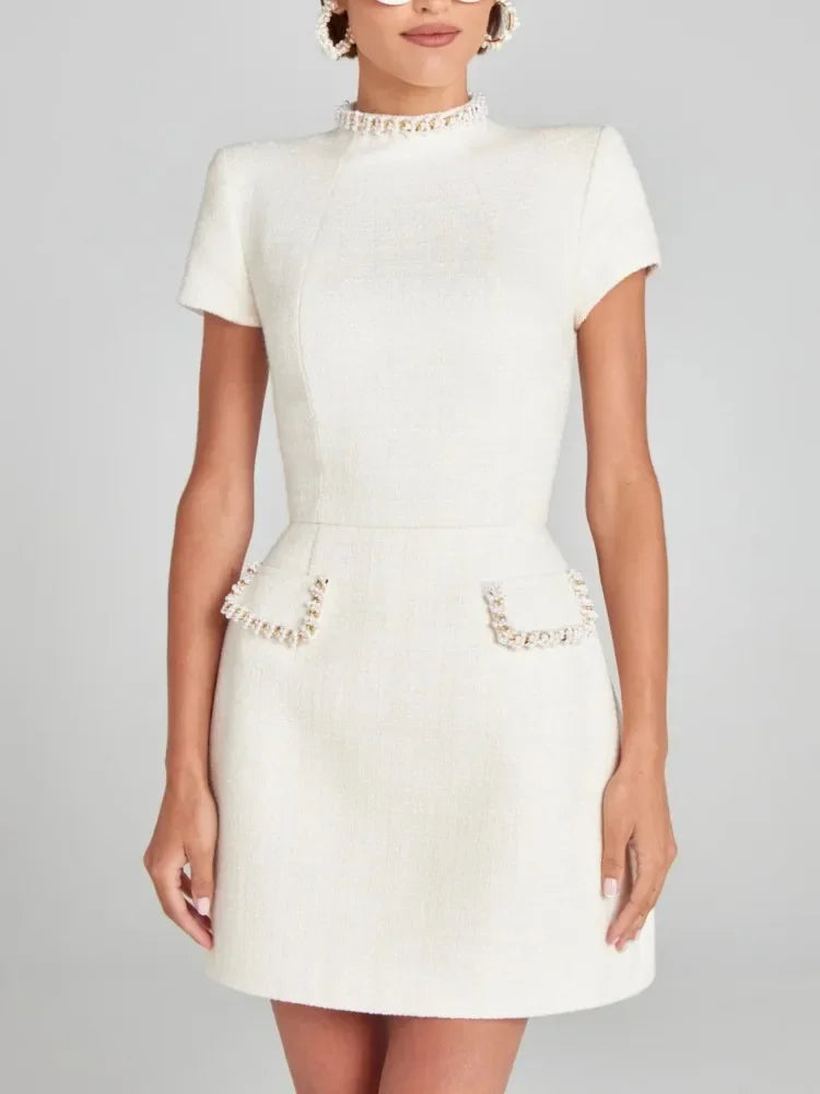 Elegant Female Patchwork Party Dress  Sexy Women Evening Dress Autumn Lady Suit Collar Short Sleeve Slim Dress