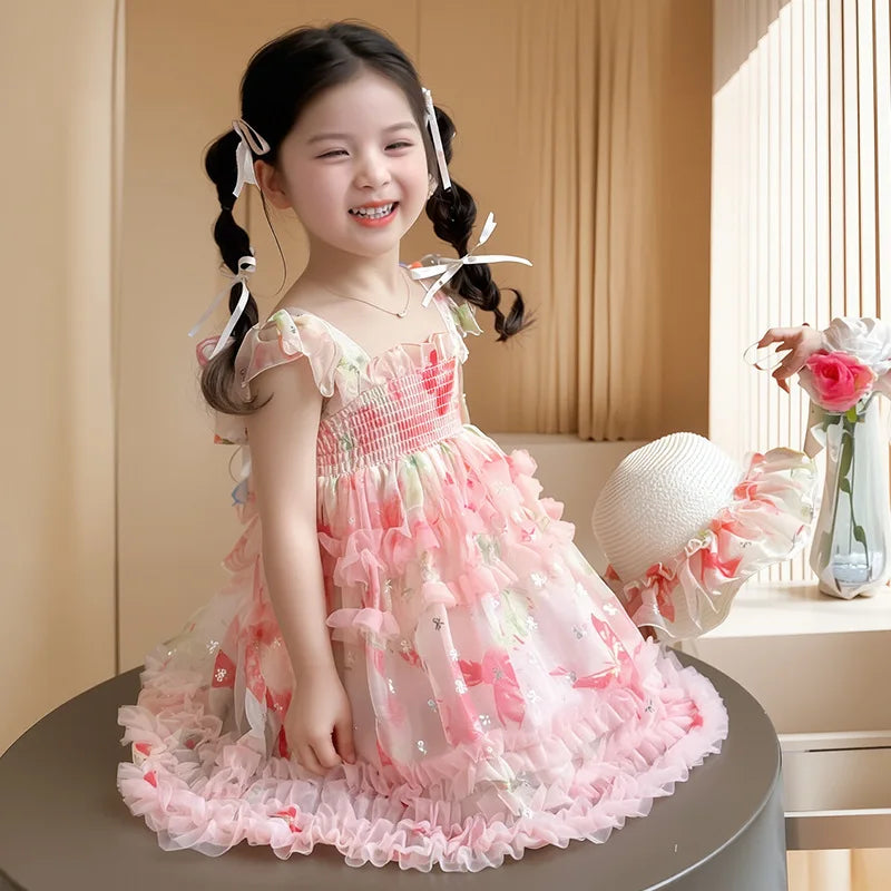 Girl Summer Mesh Dress Doll Baby  Kids Back Butterfly Flower Suspender Princess Dress Fashion Casual