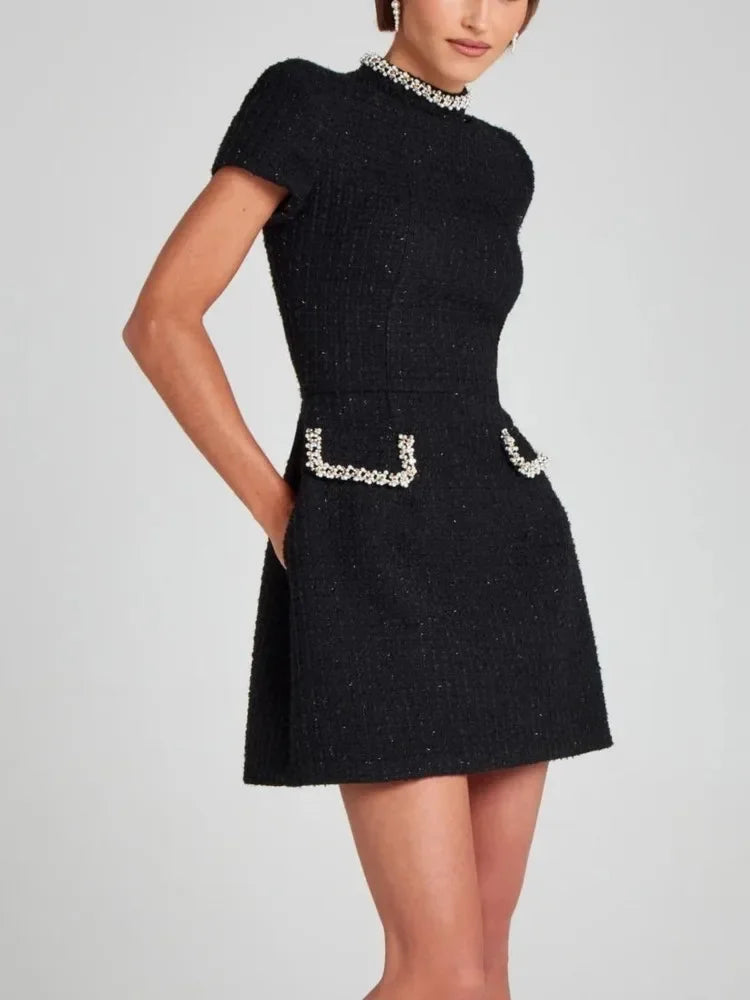 Elegant Female Patchwork Party Dress  Sexy Women Evening Dress Autumn Lady Suit Collar Short Sleeve Slim Dress