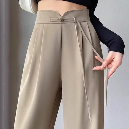 New Chinese Style High Waist Buttoned Suit Pants Women's Spring Summer Casual Wide Leg Pants Versatile Slimming Design