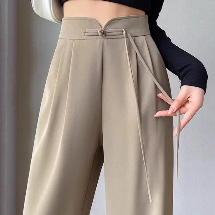 New Chinese Style High Waist Buttoned Suit Pants Women's Spring Summer Casual Wide Leg Pants Versatile Slimming Design
