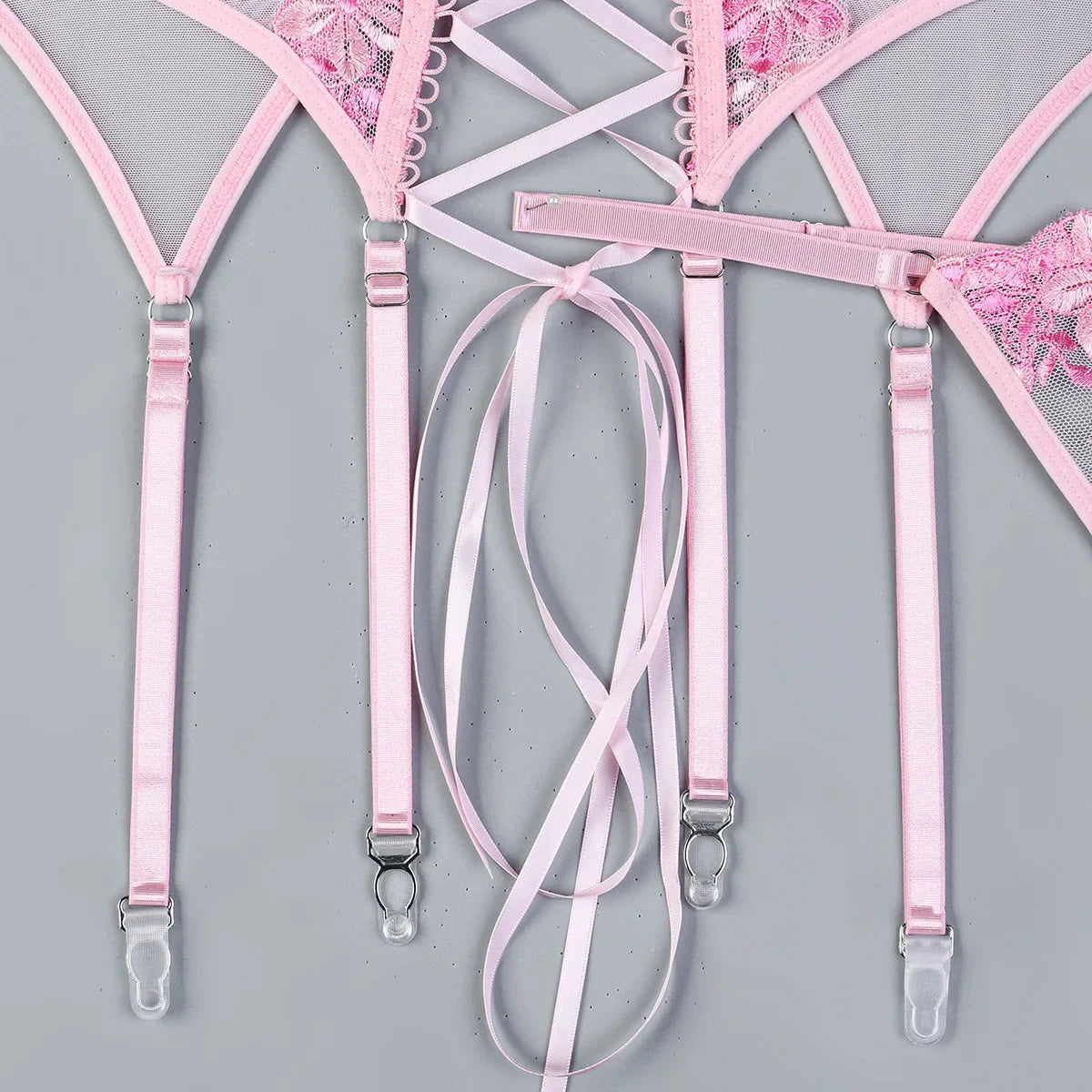 Ellolace Fancy Sexy Lingerie 3-Piece Corset Lace Up Beautiful Bodysuits With Stocking Luxury G-String Pink Intimate Goods 4PCY