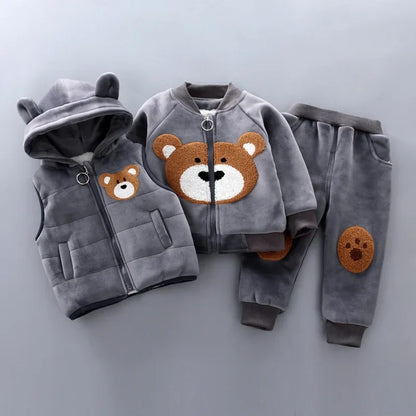 3Pcs Boys Suit Autumn And Winter Baby Girl Clothes Fleece Thickened Keep Warm Sets For Children Cute Bear Embroidery Clothing