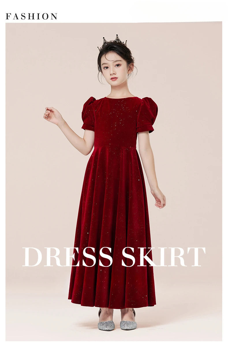 Kids Party Dress Clothing For Birthday Princess  Wine Red Piano Wedding Flower Girl Host Children's Formal Dress