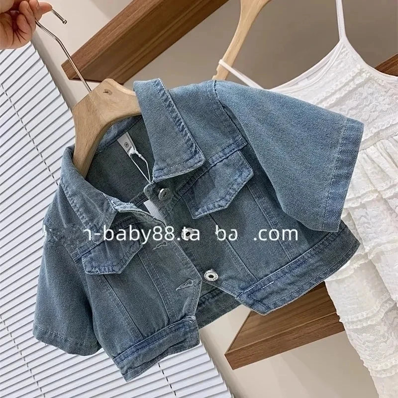 Girls Summer Set New Teenage Girls Bubble Sleeves Short denim cardigan jacket lace suspender skirt set Children's clothing set