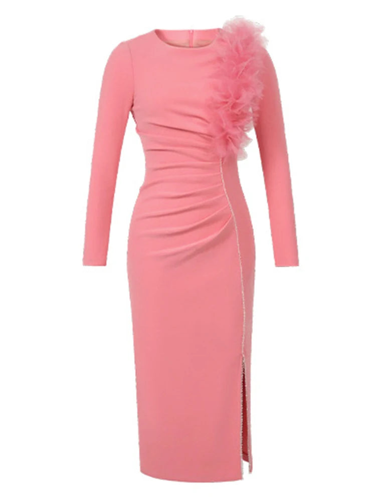 Banquet Evening Dress Women Elegant Style Flower Beading Folds Slit Robe Female Party Prom Vestidos Catwalk Gown