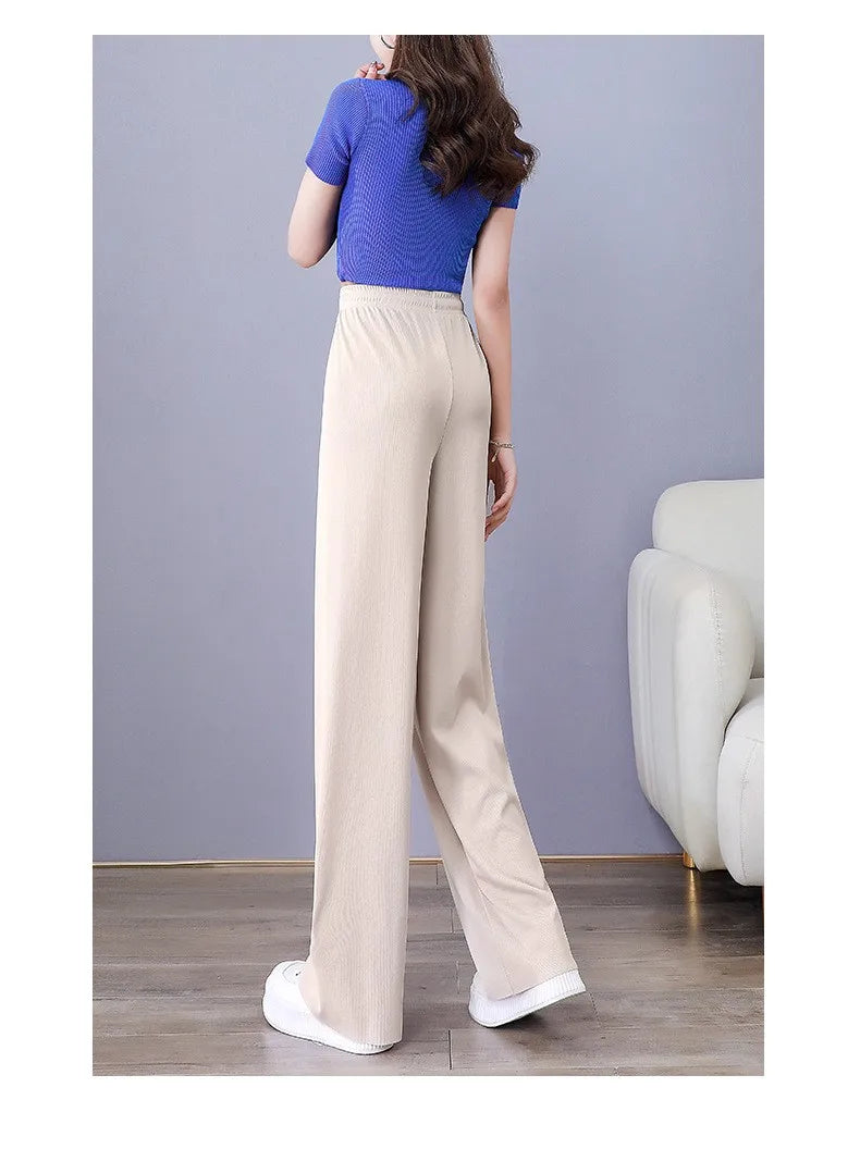 Ice Silk Wide Leg Pants Women's Summer  New High Waist Drape Loose Slimming Straight Bla Floor-Length Casual Trousers