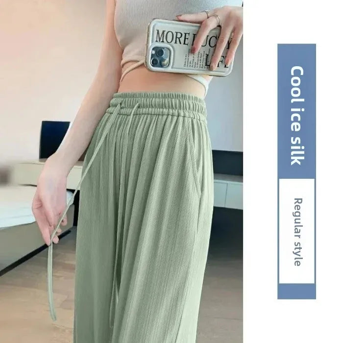 Ice Silk Wide Leg Pants Women's Summer Thin Narrow Version 145 Small Size Drape Straight High Waist Stripe Casual Trousers 150