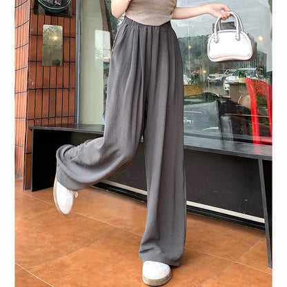 Summer Women Sweet Colorful Ice Silk Pants Lady Baggy Versatile Elastic Straight Leg Trousers Female Wide Leg High Waisted Pants