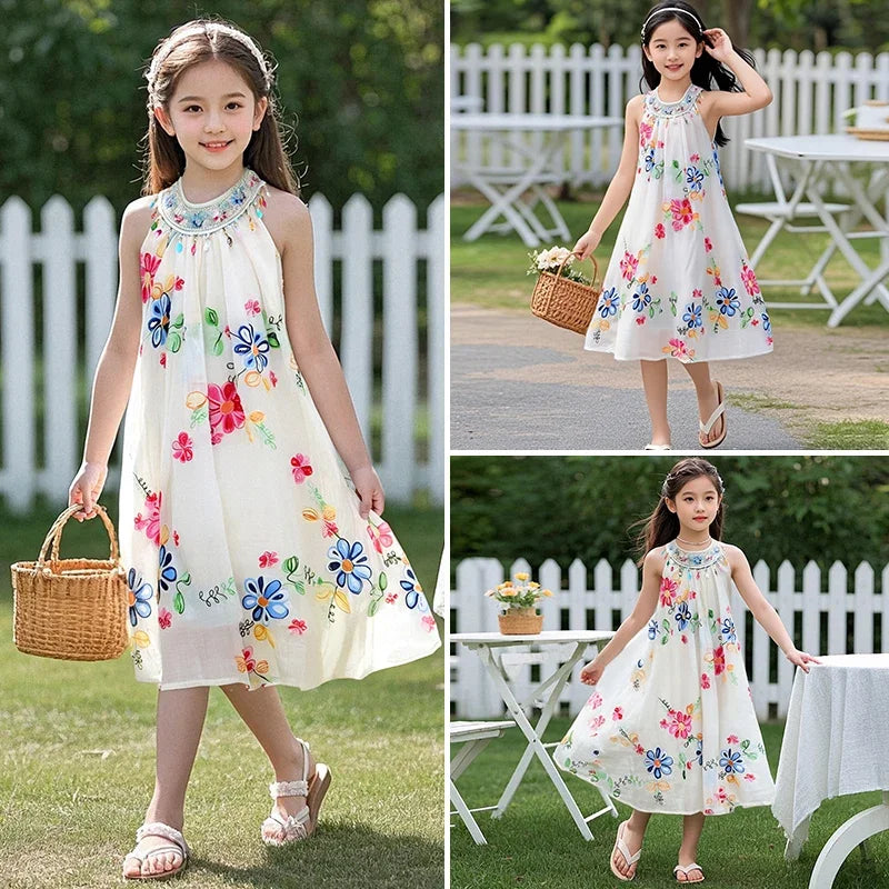 Girls Sequin Floral Collar Princess Dress Summer Fashion Flowers Print Girls Clothes Round Neck Solid Color Kids Costume