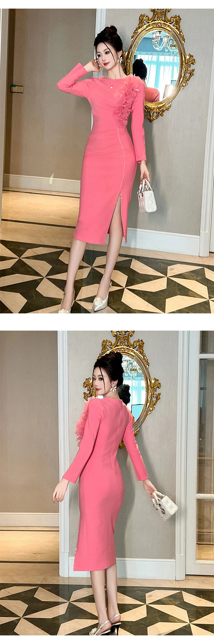 Banquet Evening Dress Women Elegant Style Flower Beading Folds Slit Robe Female Party Prom Vestidos Catwalk Gown