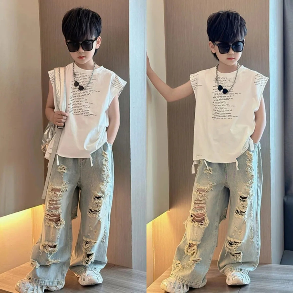 Boys' Summer Set Fashionable New Children's Casual Irregular Hole Jeans+Tank Top T-shirt 2-piece Set