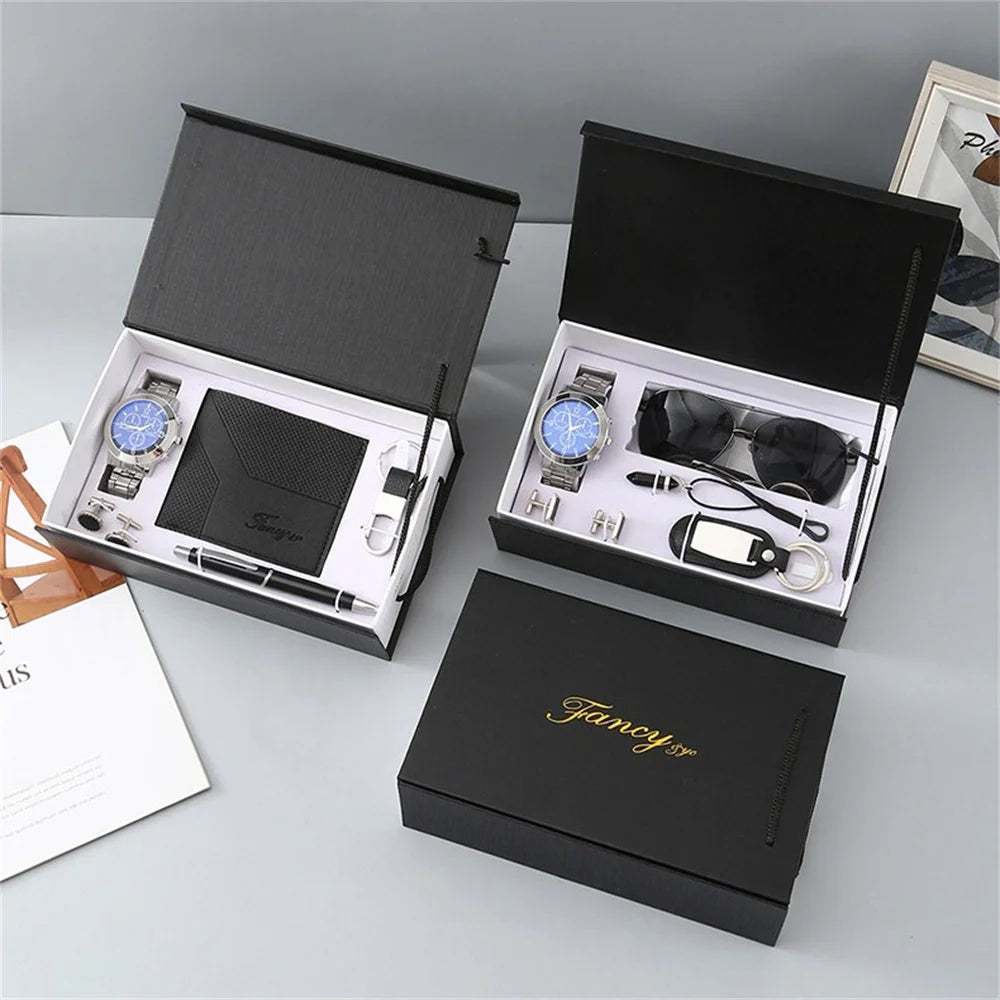 New Watch Men's Gift Set with Box Belt Wallet Set Keychain Sunglasses Cufflinks Ballpoint Pen Father's Day Gift Business Box Set