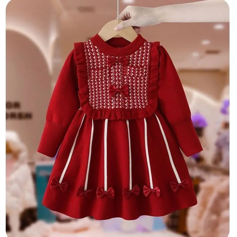 Girls' Dress Winter New Style Western Dress Children's Autumn and Winter Princess Dress Baby New Year Red Knitted Dress (Available)