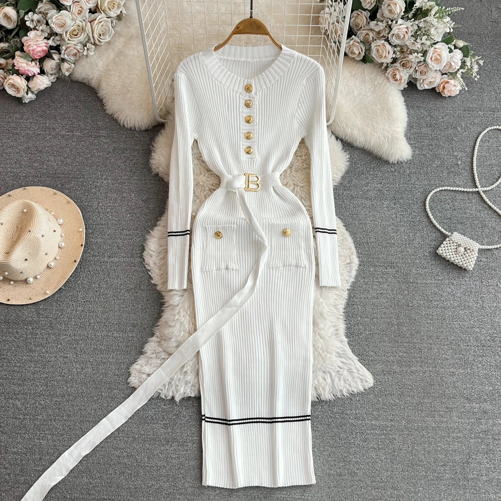 Women Dress  Autumn Winter Elegant Rib Knit Long Pencil Dress with Belt Office Lady Bodycon Sweater Dress Vestidos