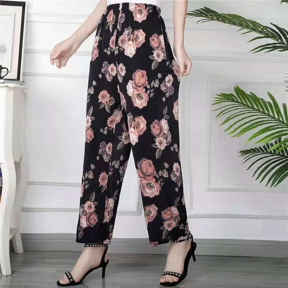 High Waist Floral Pants Straight Leg Home Leisure Women's plus Size High Elasticity Air Conditioning Pants Casual Trousers