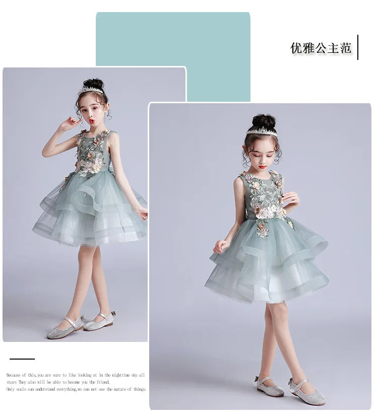 Kids Girls Layered Dress  Elegant Flower Girl Dresses for Wedding Birthday Party Children Festival Ball Gown