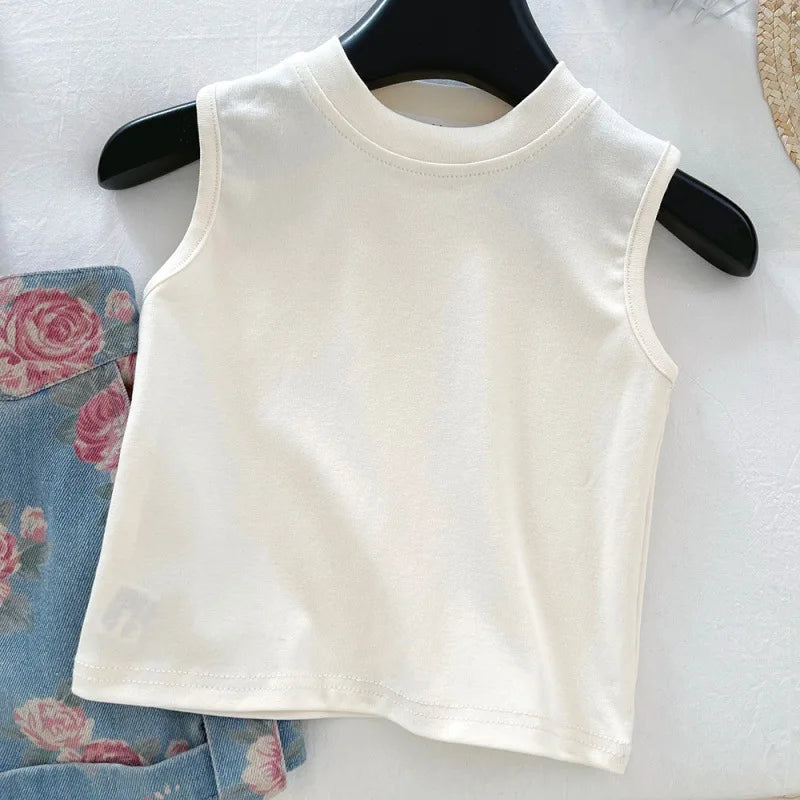 Girls' Clothing Set Sleeveless Top+printed Denim Shorts Two-piece Set for Girls Fashion Suits