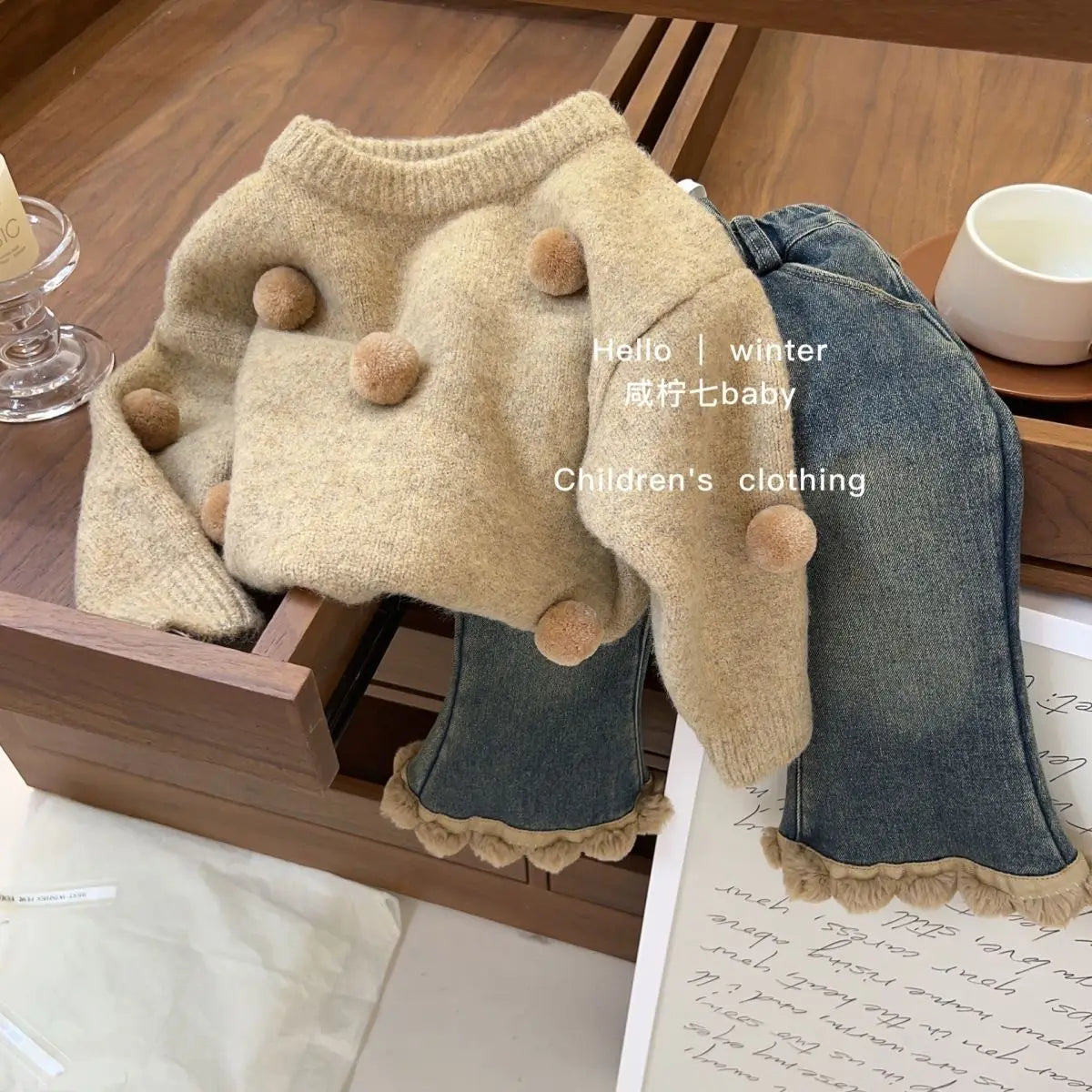 Autumn Tops's Girls Knitted Pullover Sweater Casual Simple Balloon Top Coat Winter Baby Clothing Fur Ball Design 1PCS (Available)