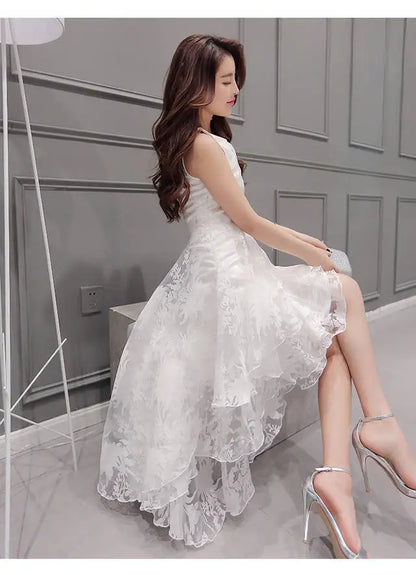 Summer High Low Retro Dress Vintage Women Sleeveless Front Back Short Long Organza Lace Dress Ladies Elegant Party Dress