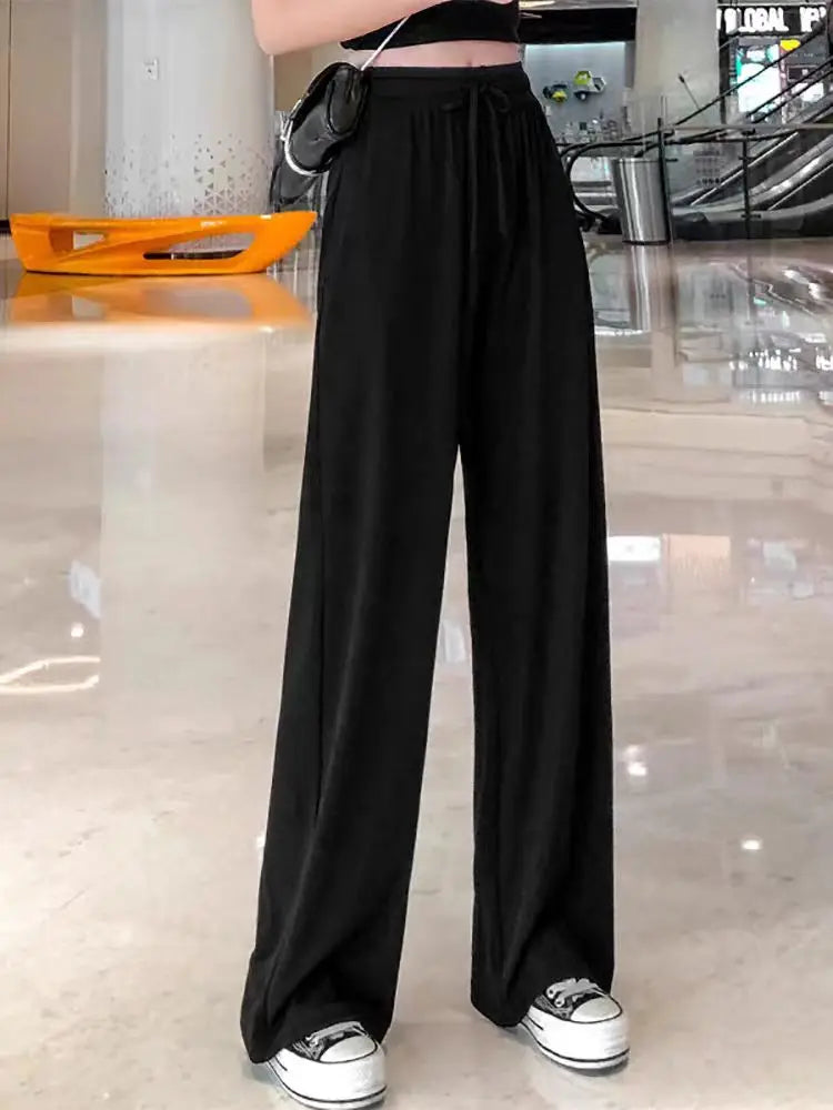New Women Ankle-Length Wide Leg Pants Casual Summer Solid Elastic Waist Loose Ice Silk Pants Spring Summer Female Trousers