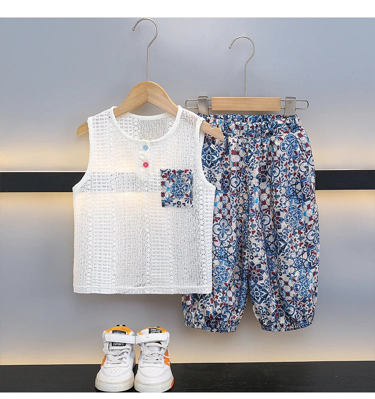 Boys Summer Hollow out Vest Set Breathable Me Svel Long Pants Two Piece Suit Teen Casual Sportswear Cotton Blend orts