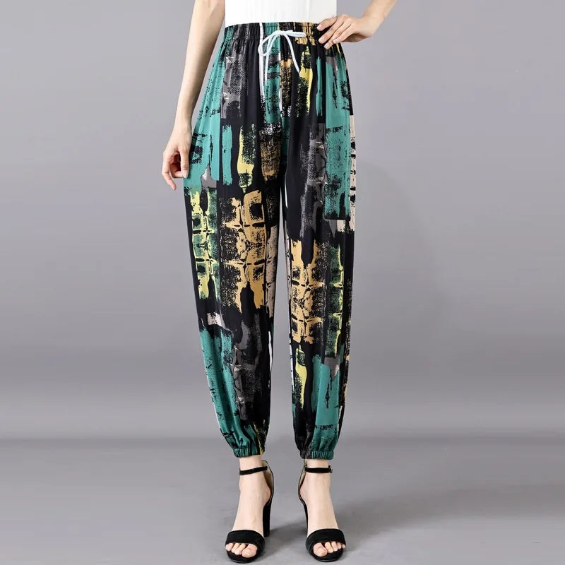 Summer Ladies Ice Silk Loose Casual Home Pants Elastic plus Size Mom Square Sports High Waist Straight Leg Length Nine Points