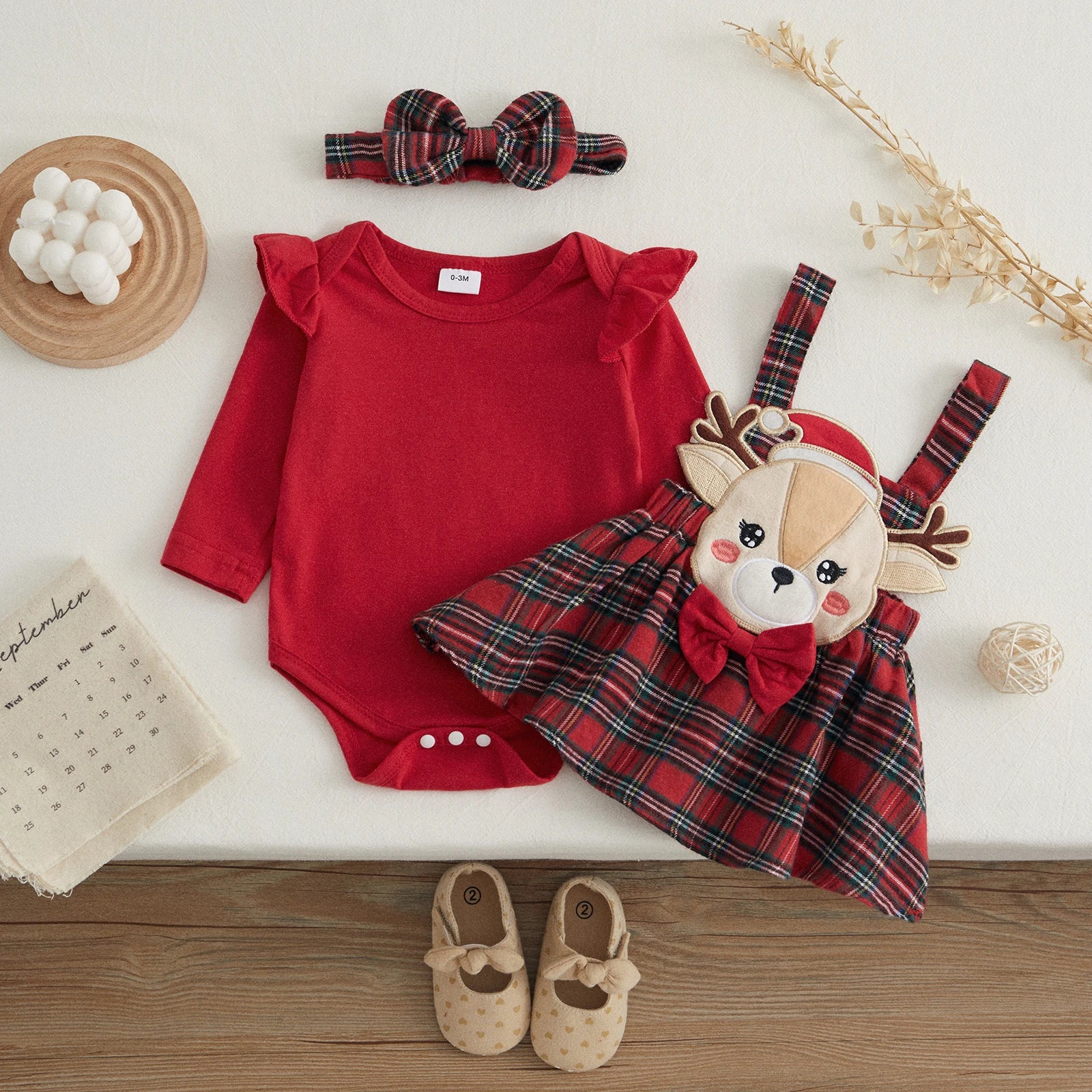 VISgogo 3Pcs Baby Girl Clothes Christmas Outfit Ruffle Long Sleeve Romper Cartoon Elk Embroidery Plaid  A-Line Skirt Headband (Available)