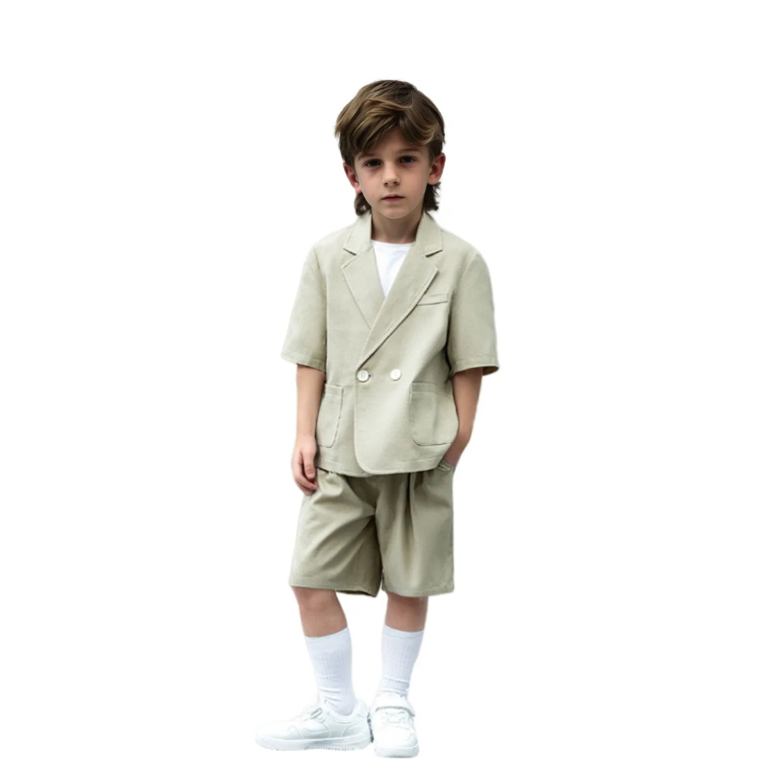 Kids Summer Short-Sleeved Wedding Suit Set Boys Blazer Pants Outfit Children's Piano Host Speech Performance Costume