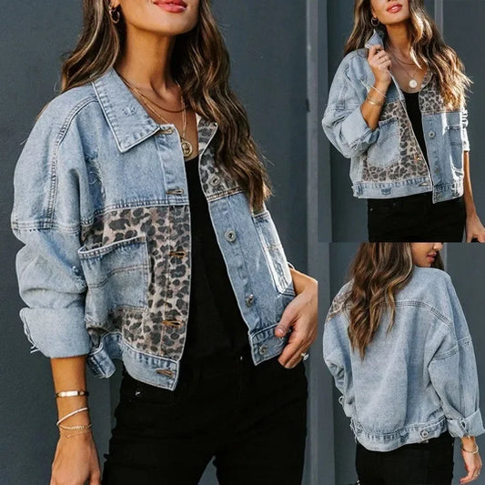 New Style Autumn/Winter Denim Jacket Women's Long Sleeve Standalone European And American Jacket Women's Leopard Print Top