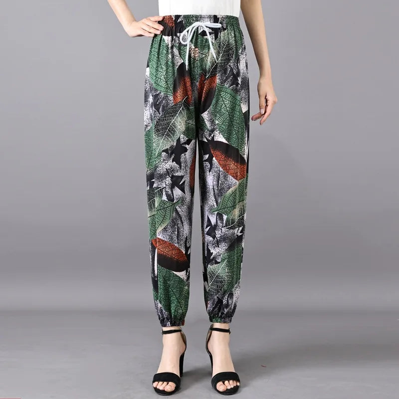 Summer Ladies Ice Silk Loose Casual Home Pants Elastic plus Size Mom Square Sports High Waist Straight Leg Length Nine Points