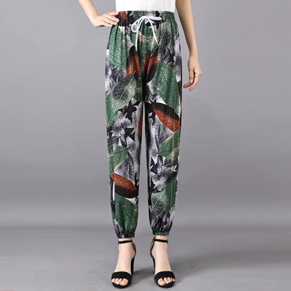 Summer Ladies Ice Silk Loose Casual Home Pants Elastic plus Size Mom Square Sports High Waist Straight Leg Length Nine Points