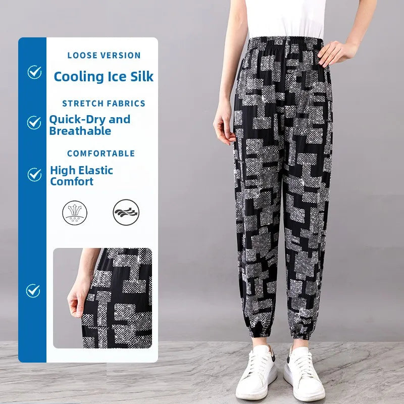 Summer Ladies Ice Silk Loose Casual Home Pants Elastic plus Size Mom Square Sports High Waist Straight Leg Length Nine Points