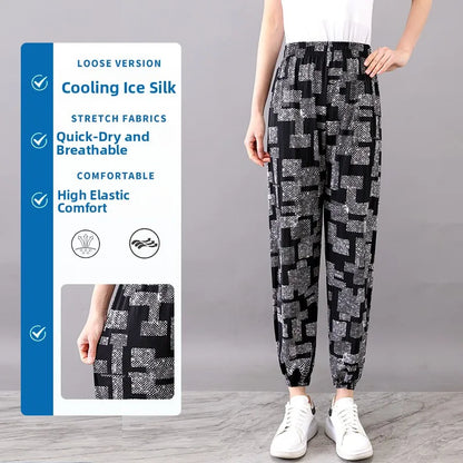 Summer Ladies Ice Silk Loose Casual Home Pants Elastic plus Size Mom Square Sports High Waist Straight Leg Length Nine Points