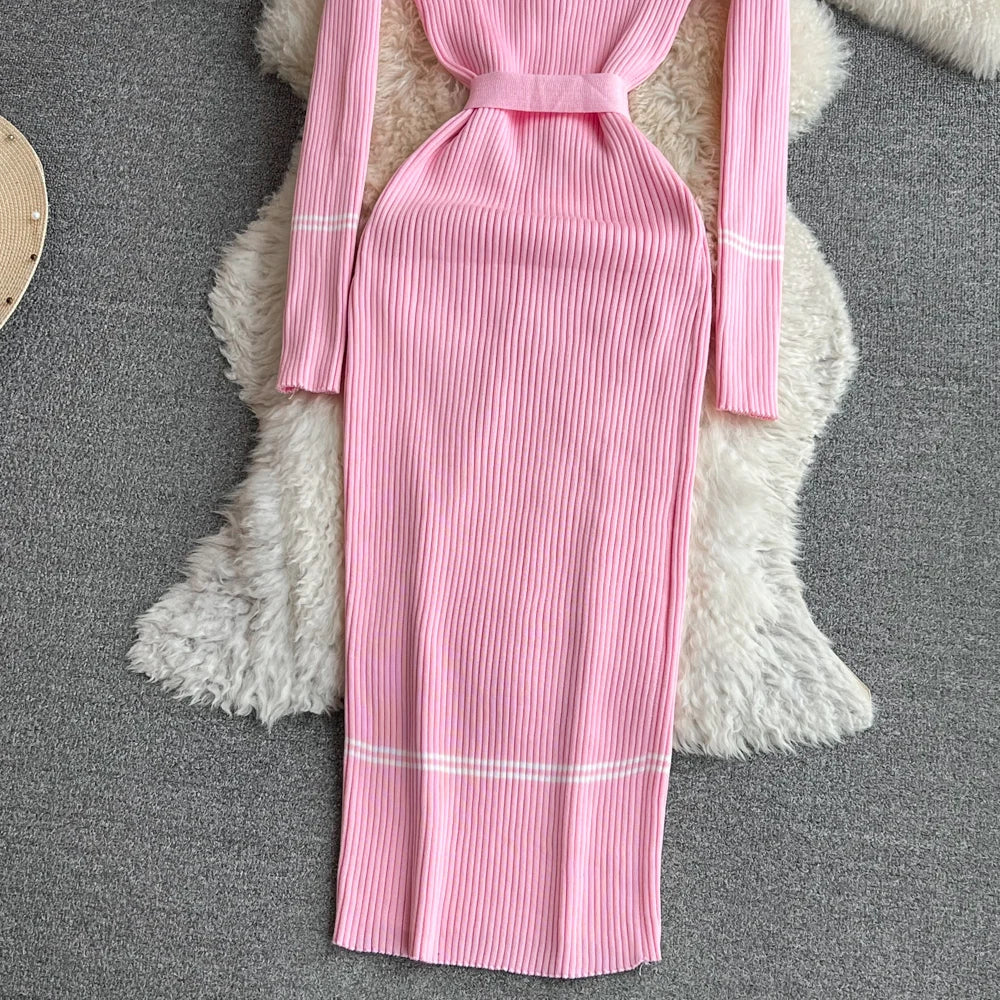 Women Dress  Autumn Winter Elegant Rib Knit Long Pencil Dress with Belt Office Lady Bodycon Sweater Dress Vestidos
