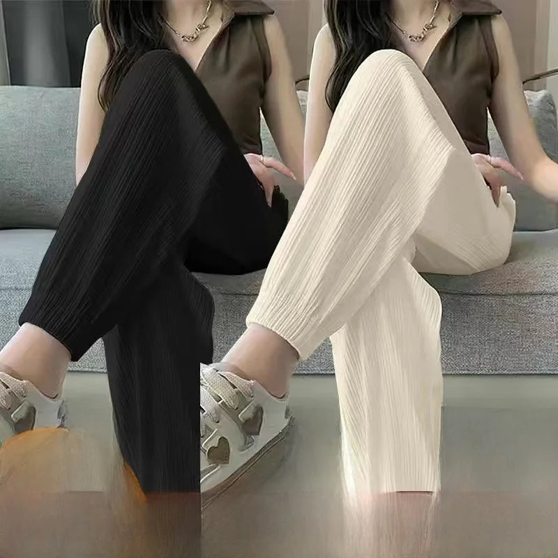 High Waist Lantern Pants Women's Loose Fit Summer Spor Casual Thin Ice Silk Drapey Two-Piece Set Commute Sle Korean Faion