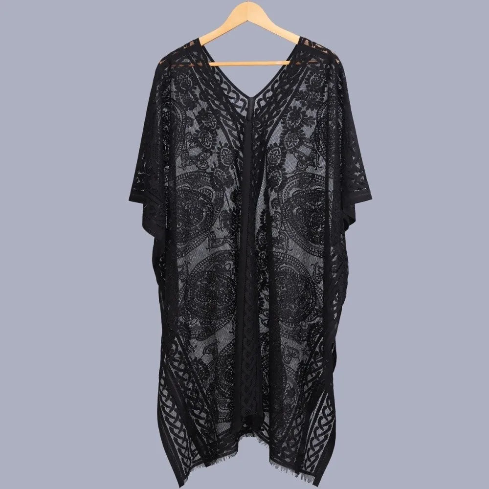 Breathable Lace Mesh Sunscreen Beach Cover Up Plus Size Casual Bohemian Shawl Transparent Floral Swimsuit Cover Up Vacation