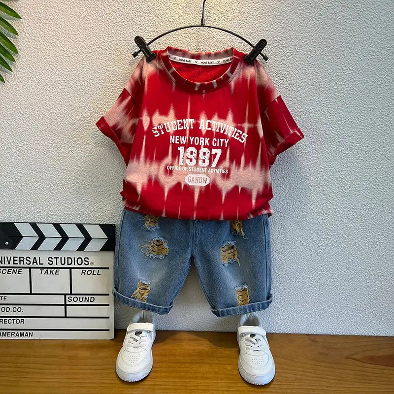 Children Clothing Korean Cotton Short Sleeve Print Shirt+Shorts Set for Toddler Boy Baby Summer Thin Casual Fashion Outfit