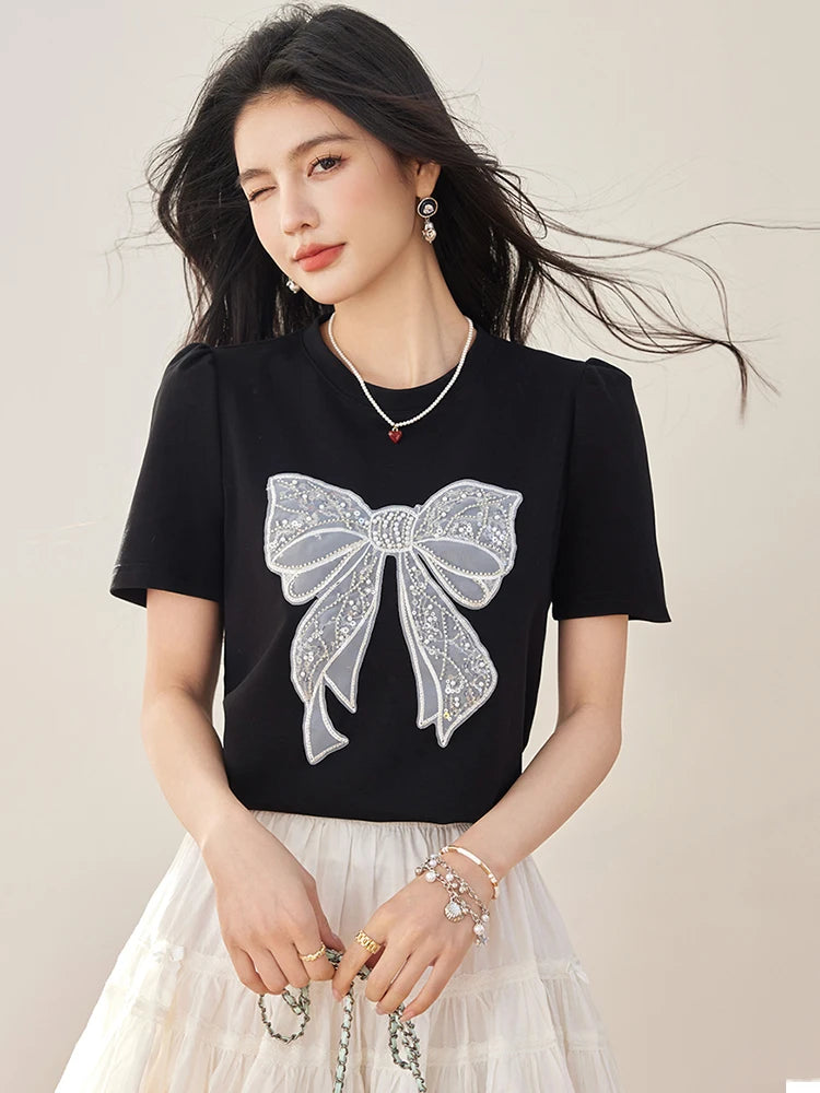 Summer New Sweet Short Sleeved T-shirt Women Fashion Bow Tops Harajuku Casual Simple T-shirt Y2k Top