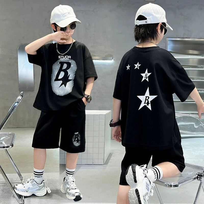 New Summer Teenager Boys Clothing Set Cotton Letter Short Sleeve T-shirt Shorts  Years Kids Tracksuits Child Cloth